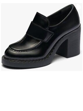 Maiyang Black Chunky Mid Heel Platform Loafers Round Toe Slip on Party Pump